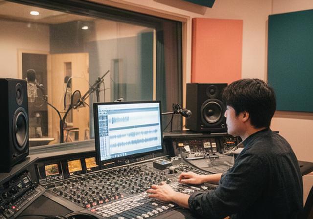 柏市布施の防音スタジオで音響エンジニアが収録卓を操作する様子