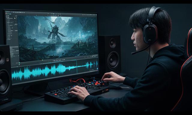 ゲーム画面を確認しながら音声波形を調整する音響制作スタッフの作業風景