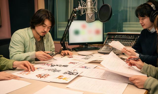 スマートフォン向けRPGのキャラクター設定資料と収録台本をスタジオで確認する様子