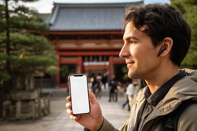 千葉県内の歴史的な観光地でスマートフォン音声ガイドを聞く外国人旅行者