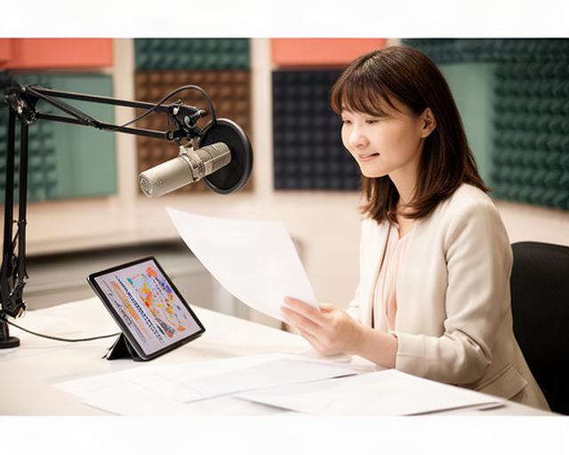 明るい収録ブースで教材原稿を確認する日本語ナレーターとタブレット