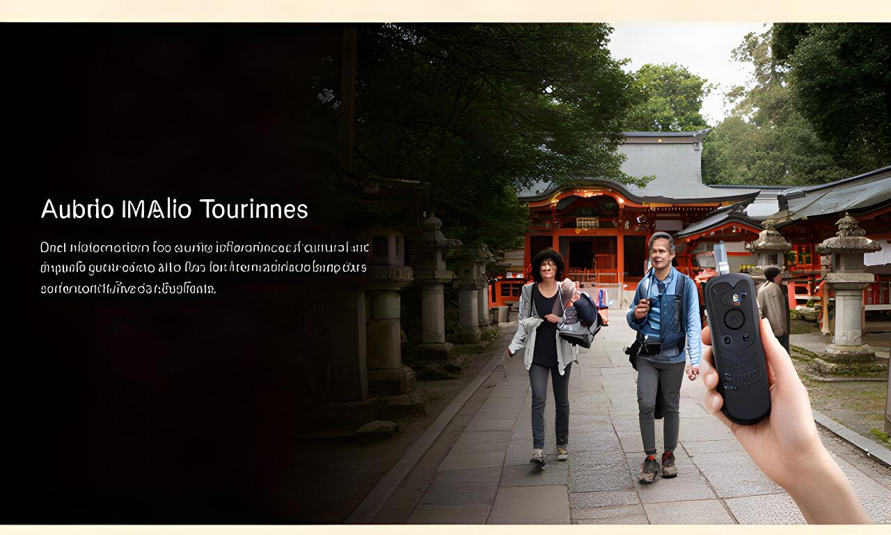 神社の参道を歩く訪問者と多言語音声ガイドの案内端末